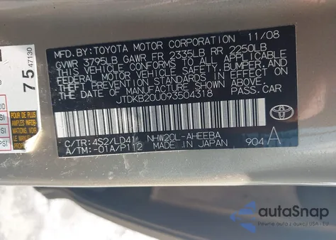 2009 Toyota Prius z USA, uszkodzony, nr VIN JTDKB20U093504318